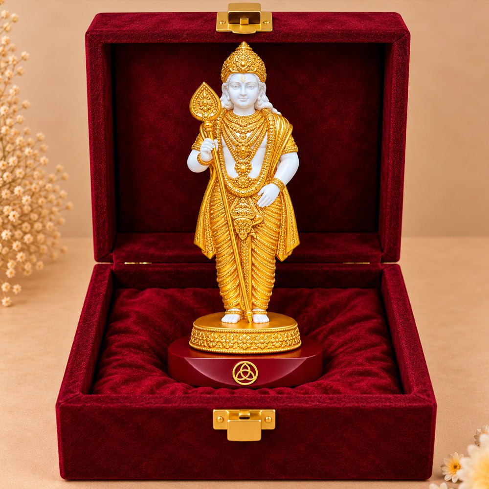 24K Gold-Plated Lord Murugan Resin Idol for Car Dashboard & Home Decor | Premium Gift Box | 9x4 CM