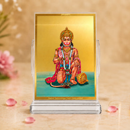 24K Gold-Plated Lord Hanuman Acrylic Car Dashboard Frame | 11x7 CM