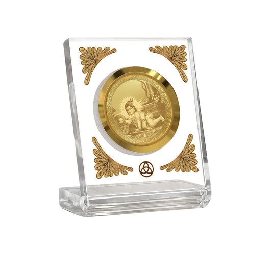 Laddu Gopal Diviniti Premium Gold on Gold 24K gold plated car dashboard frame in a clear display.