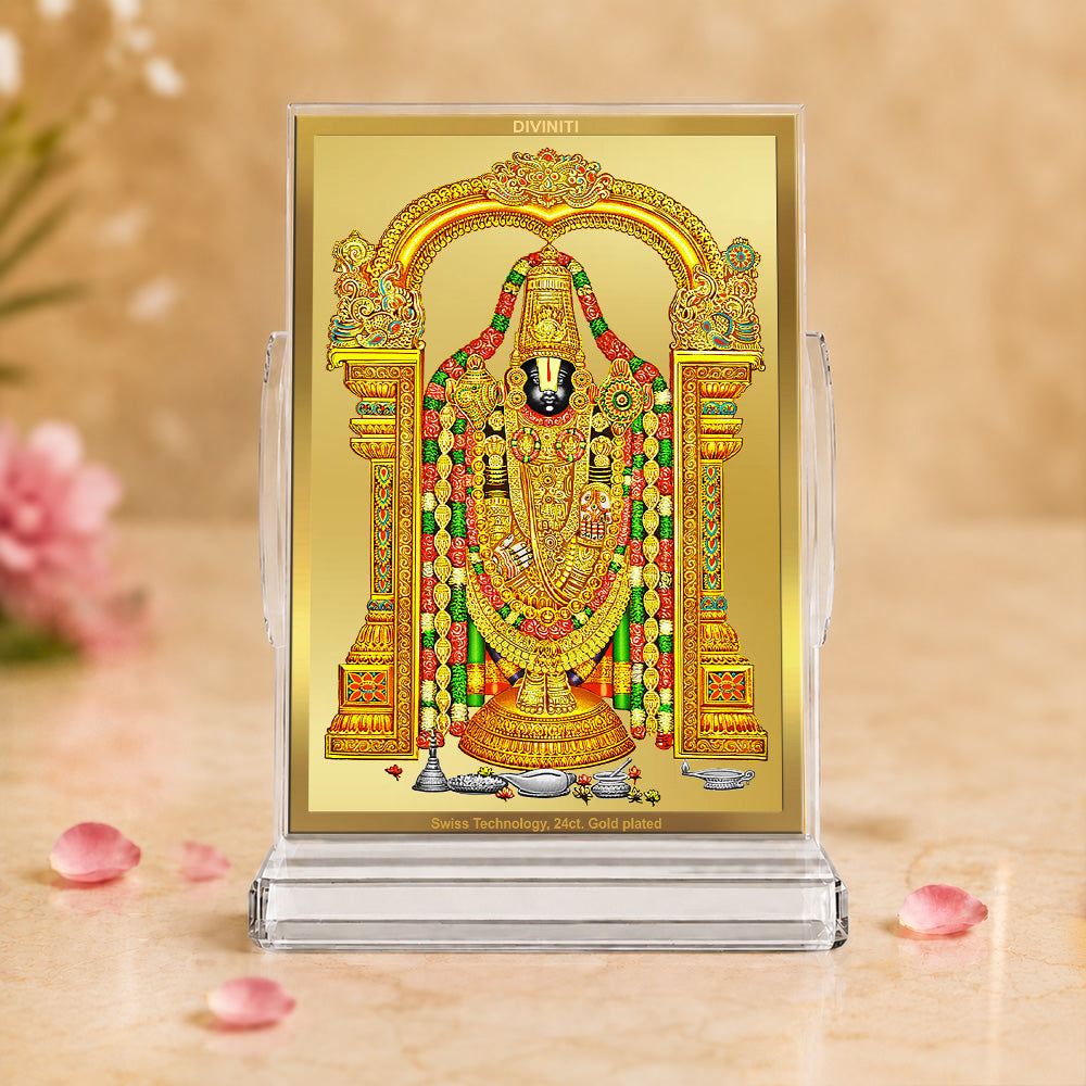 24K Gold-Plated Lord Tirupati Balaji Acrylic Car Dashboard Frame | 11x7 CM