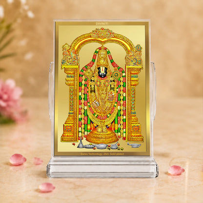 24K Gold-Plated Lord Tirupati Balaji Acrylic Car Dashboard Frame | 11x7 CM