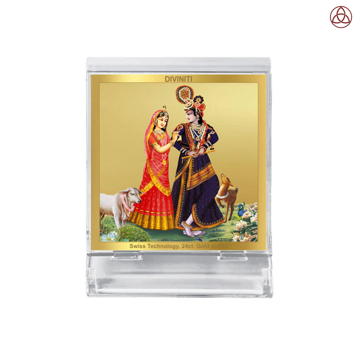 24K Gold-Plated Radha Krishna with Cow Car Dashboard Acrylic Frame | 6x5 CM