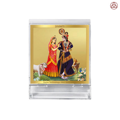 24K Gold-Plated Radha Krishna with Cow Car Dashboard Acrylic Frame | 6x5 CM