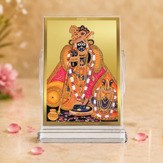 24K Gold-Plated Banke Bihari Ji Acrylic Car Dashboard Frame | 11x7 CM