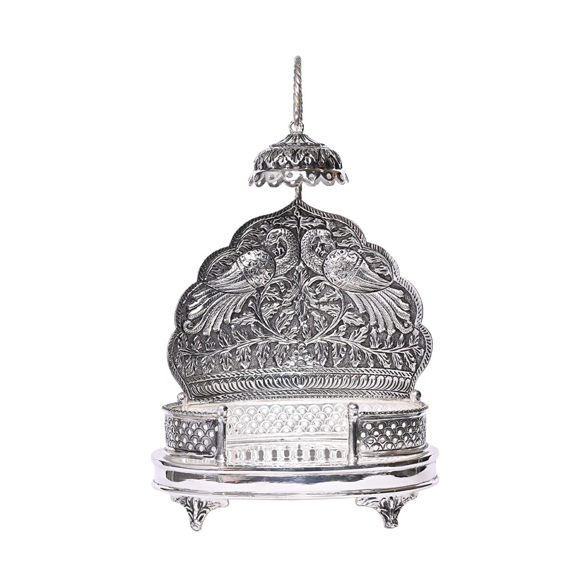 Pure Silver Singhasan Mandir Vintage Bird Design Divine Pooja Stand Handcrafted Temple Art (17x8x26 cm,669.5g )