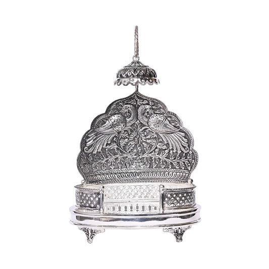 Pure Silver Singhasan Mandir Vintage Bird Design Divine Pooja Stand Handcrafted Temple Art (17x8x26 cm,669.5g )