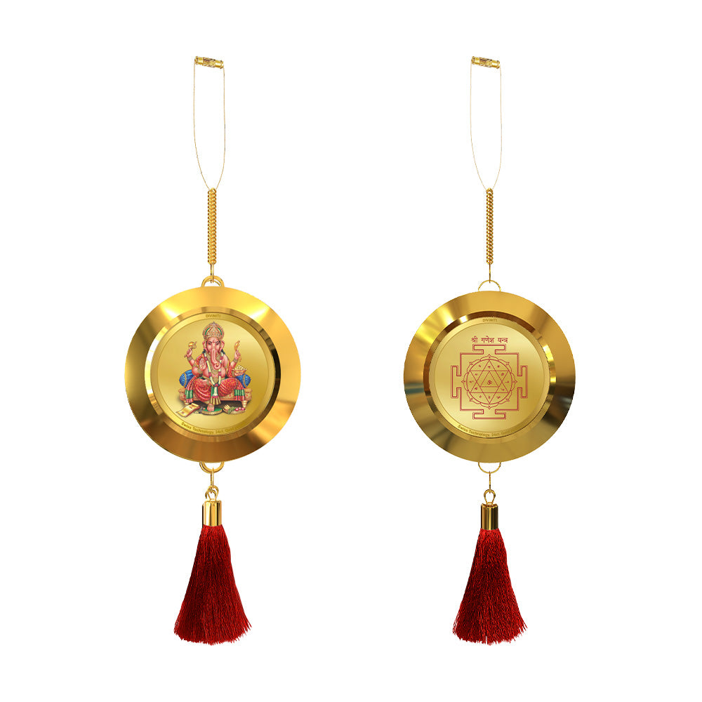 Diviniti 24K Gold Plated Double Sided Ganesha & Yantra Car Dangler|5.5 CM Ganesha Hanging Car Decor|Luxurious 24K Gold Plated Dangler For Car|Divine Car Accessories For Positive Energy & Protection