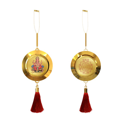 Diviniti 24K Gold Plated Double Sided Ganesha & Yantra Car Dangler|5.5 CM Ganesha Hanging Car Decor|Luxurious 24K Gold Plated Dangler For Car|Divine Car Accessories For Positive Energy & Protection