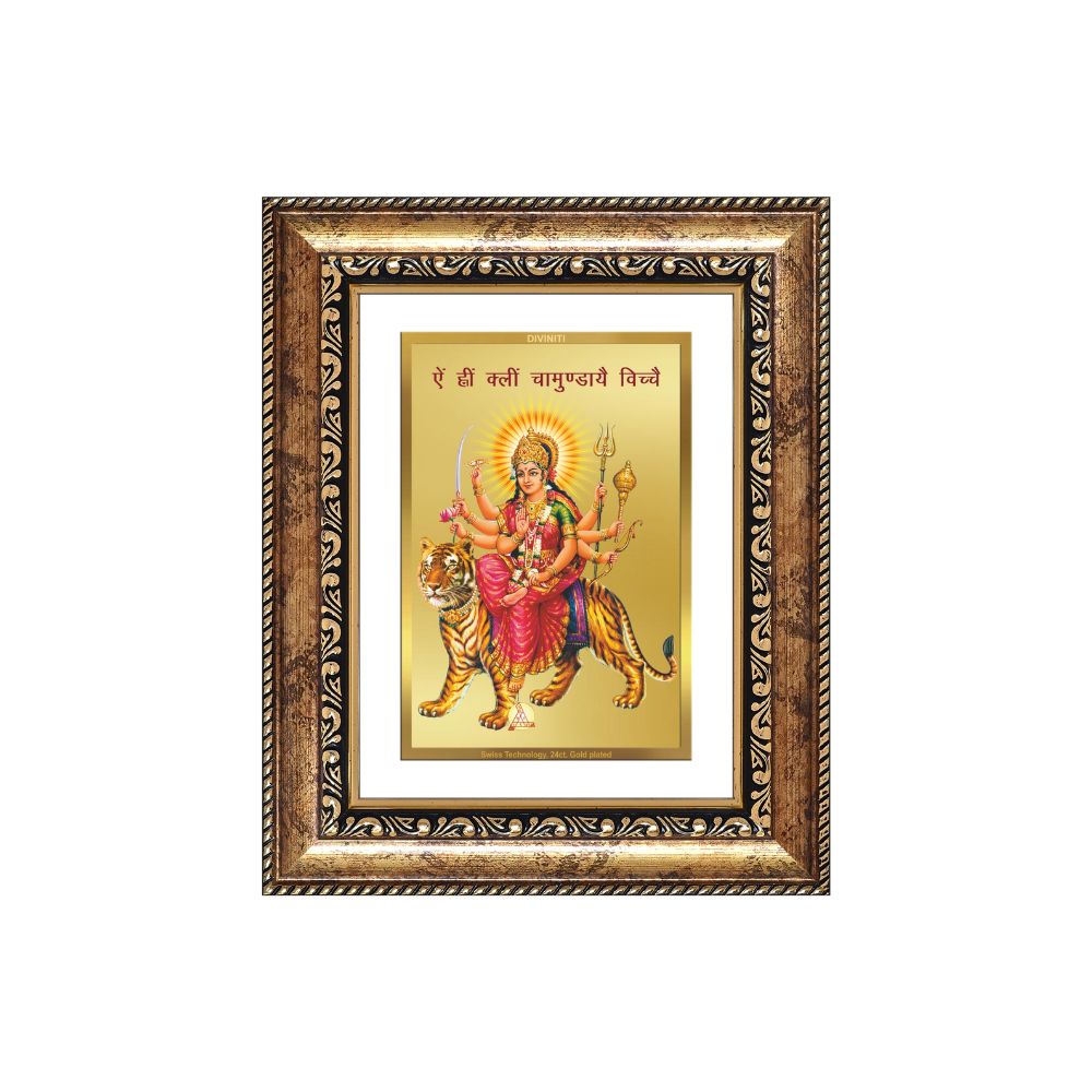 Diviniti 24K Gold Plated Durga With Mantra (Classic) Divine Wall and Table Top Frame for Home Mandir & Office Decor | Luxury Spiritual Gift