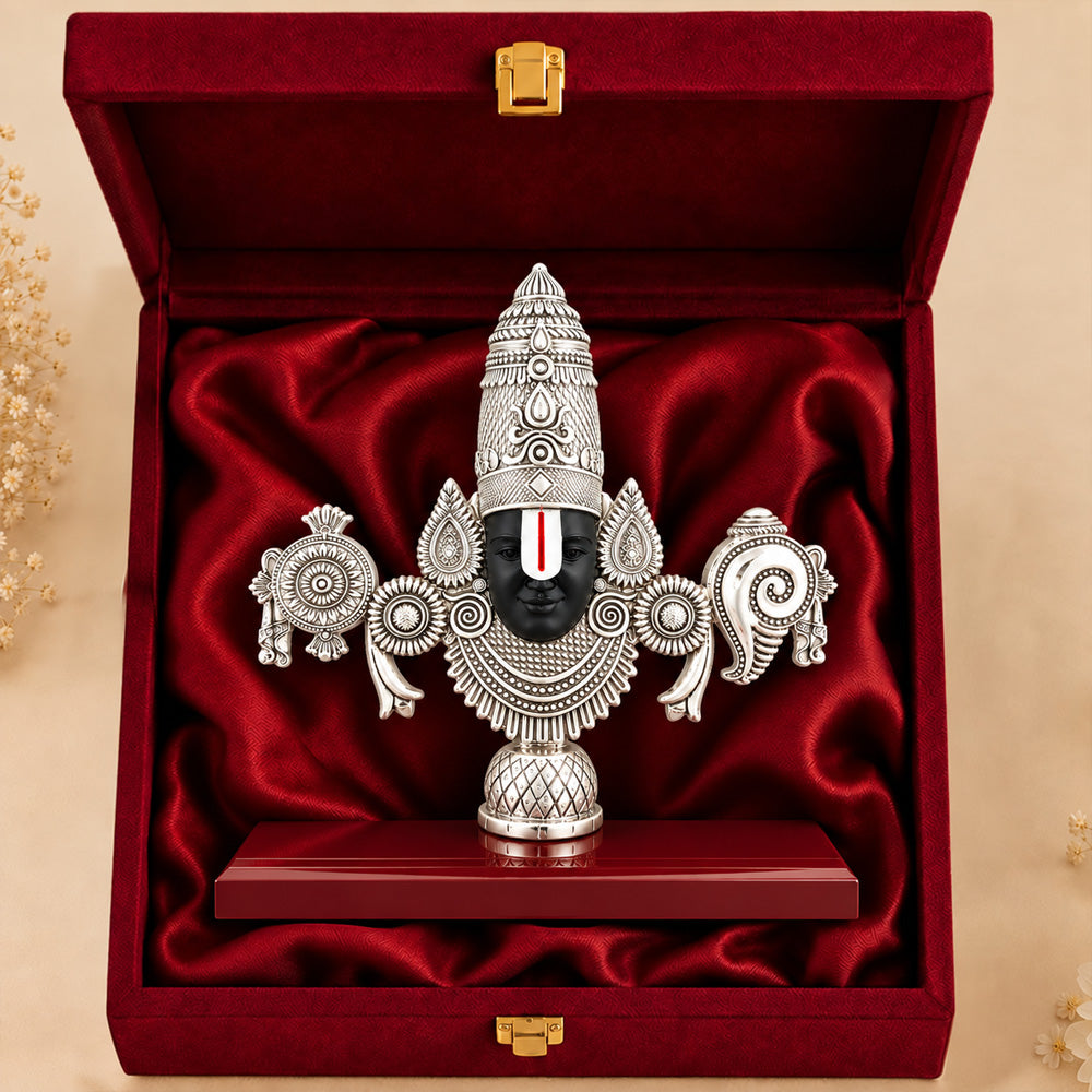 999 Silver-Plated Lord Tirupati Balaji Idol | Premium Gift Box | 19x20 CM