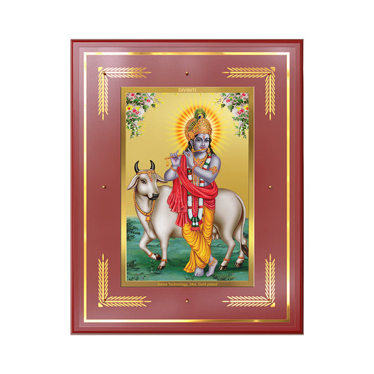 Lord Krishna with Surbhi Cow Wall Photo Frame in 24K Gold Plated Foil | Compassion, Prosperity & Divine Harmony