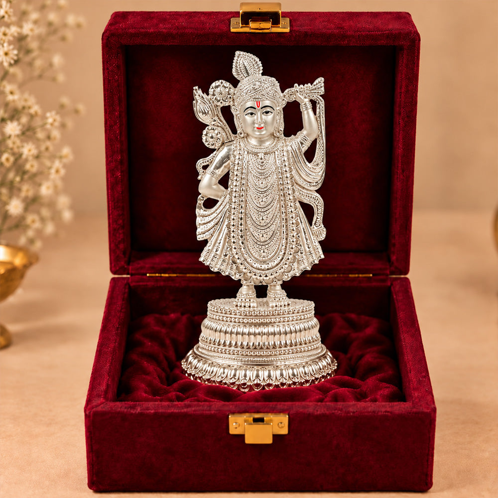 999 Silver-Plated Shrinath Ji Idol | Premium Gift Box | 25x11.5 CM