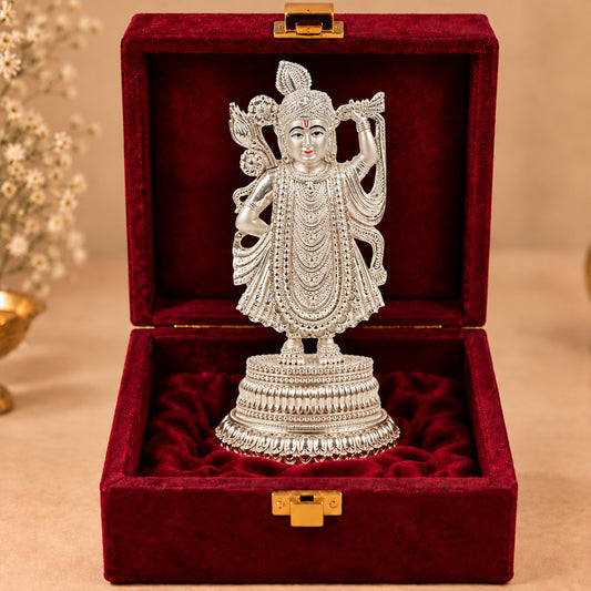 999 Silver-Plated Shrinath Ji Idol | Premium Gift Box | 25x11.5 CM