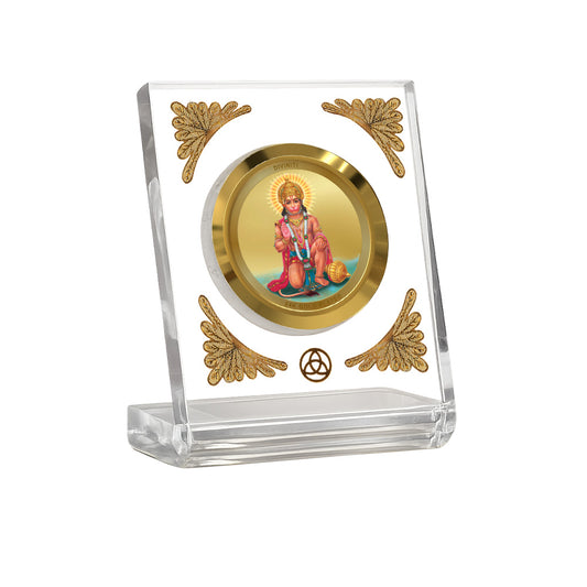 Ashirwad Hanuman Diviniti Premium Gold on Gold 24K gold plated car dashboard frame in a clear display.