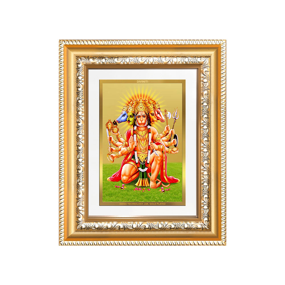 Diviniti 24K Gold Plated Panchmukhi Hanuman (Classic) Divine Wall and Table Top Frame for Home Mandir & Office Decor | Luxury Spiritual Gift