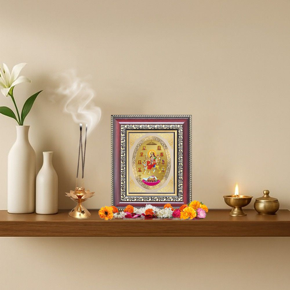 Nav Durga Divine Nine Forms of Goddess Durga Sacred Shakti & Protection Royal Tabletop Frame in 24K Gold Plated Foil