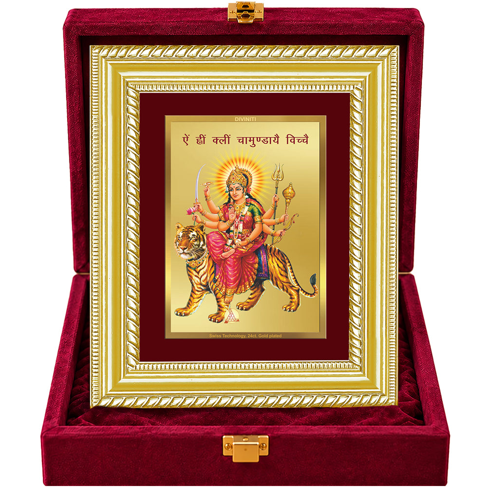 24K Gold-Plated Goddess Durga with Sacred Mantra Frame | Premium Gift Box | 21.5x17.5 CM