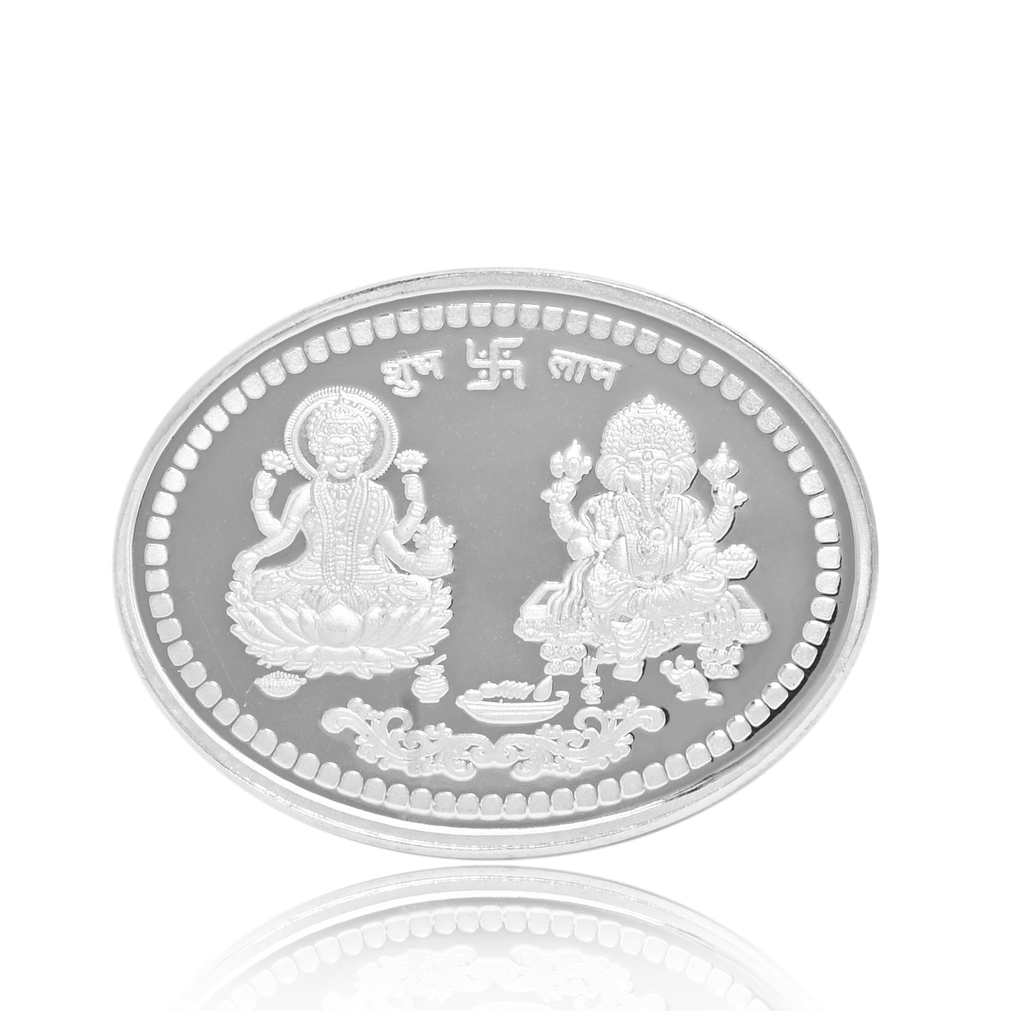 DIVINITI Pure Silver Coin Laxmi Ganesh & Swastik Symbol of Wealth and Blessings for Home & Office Décor, Puja Room Diwali Gift (50g)