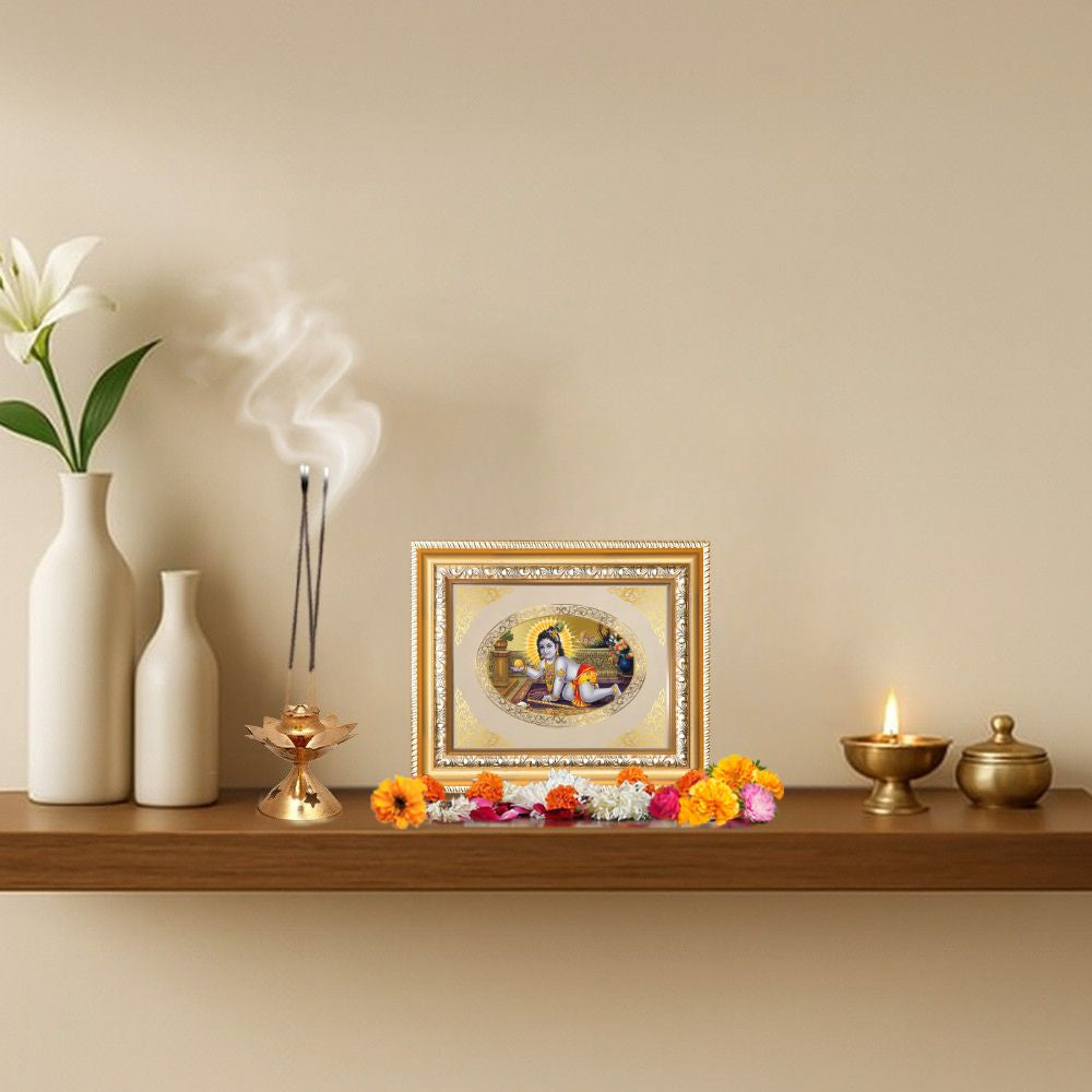 Laddu Gopal Divine Baby Krishna Sacred Love & Devotion Royal Tabletop Frame in 24K Gold Plated Foil