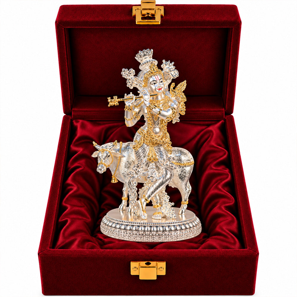 999 Silver-Plated Dual-Tone Lord Krishna with Cow Idol | Premium Gift Box | 26x15 CM