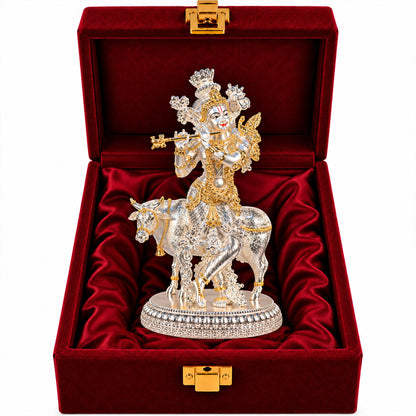 999 Silver-Plated Dual-Tone Lord Krishna with Cow Idol | Premium Gift Box | 26x15 CM