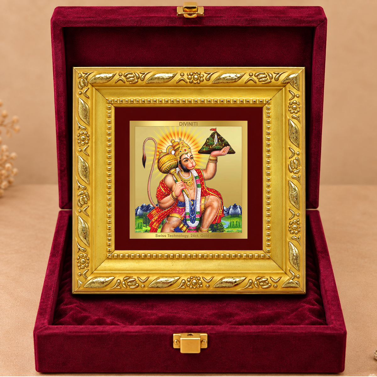 24K Gold-Plated Lord Hanuman with Sanjeevani Mountain Frame | Premium Gift Box | 10x10 CM