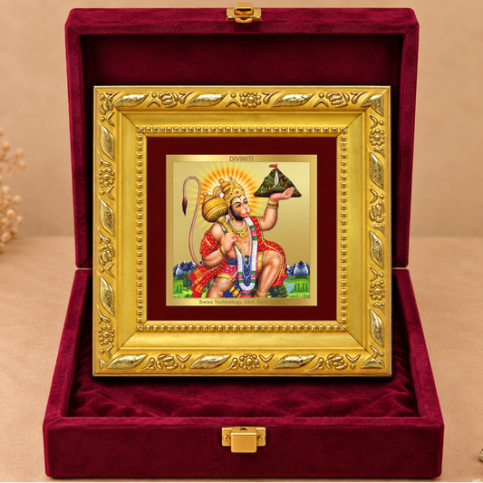 24K Gold-Plated Lord Hanuman with Sanjeevani Mountain Frame | Premium Gift Box | 10x10 CM