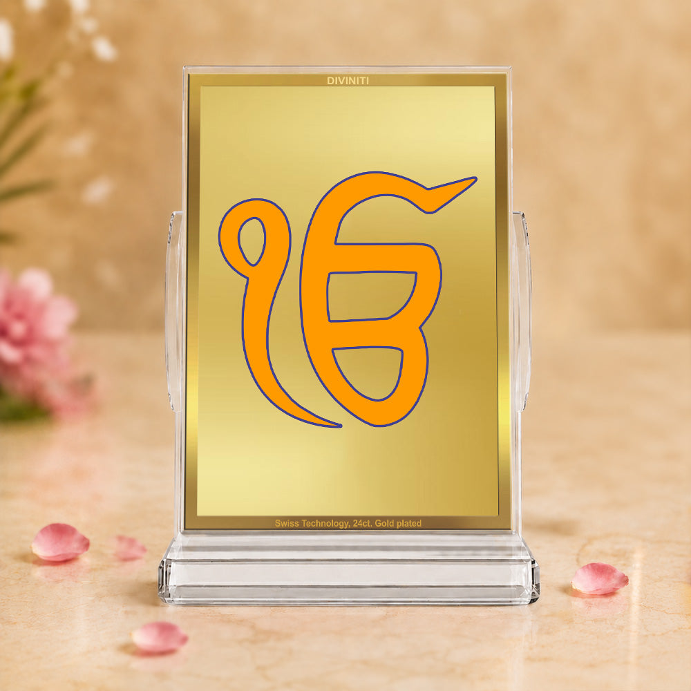 24K Gold-Plated Ik Onkar Acrylic Car Dashboard Frame | 11x7 CM