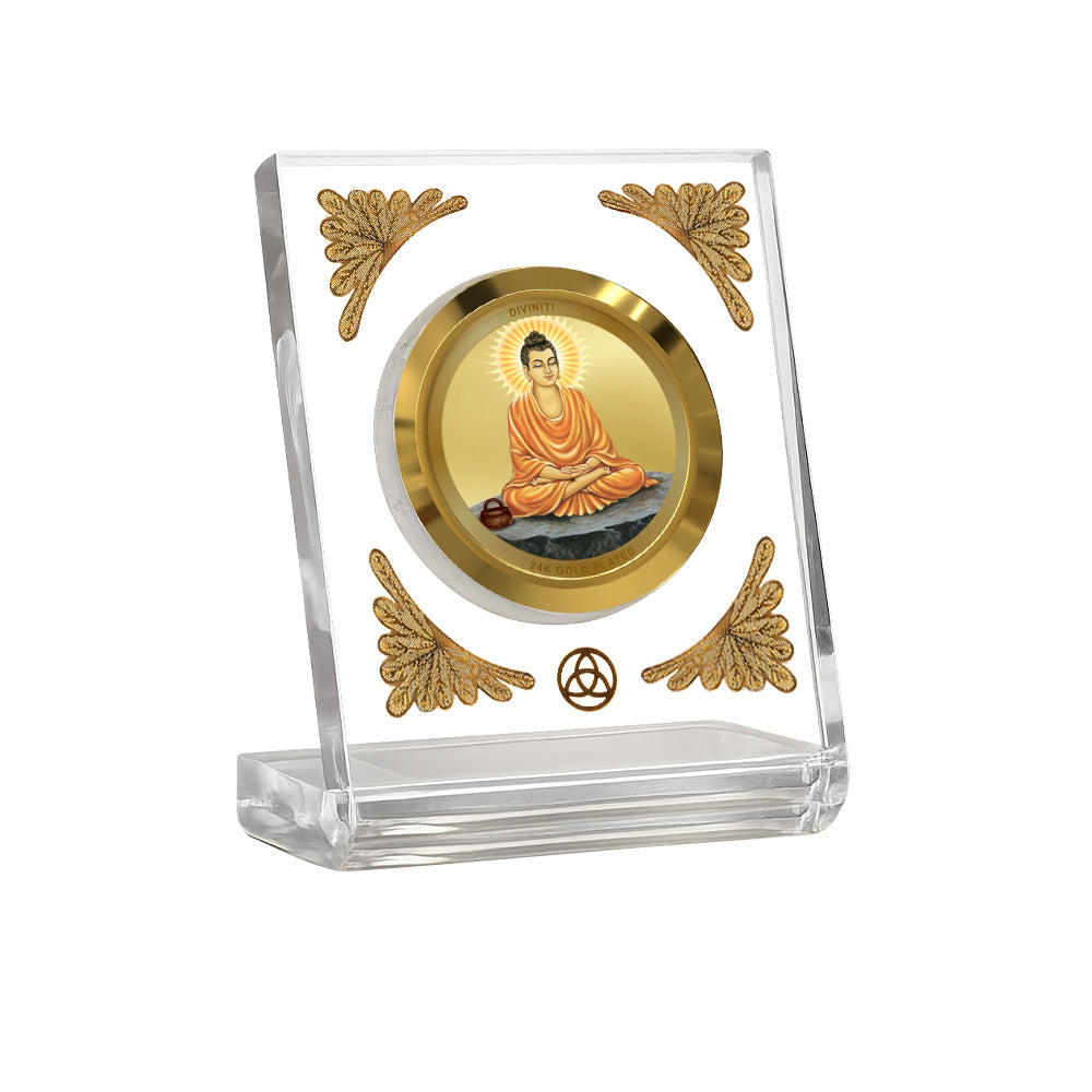 Lord Buddha Diviniti Premium Gold on Gold 24K gold plated car dashboard frame in a clear display.