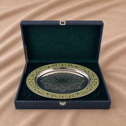 Diviniti Silver-Plated Oval Decorative Tray with Green Enamel Accents | Luxury Serving Platter for Dry Fruits, Sweets & Premium Gifting
