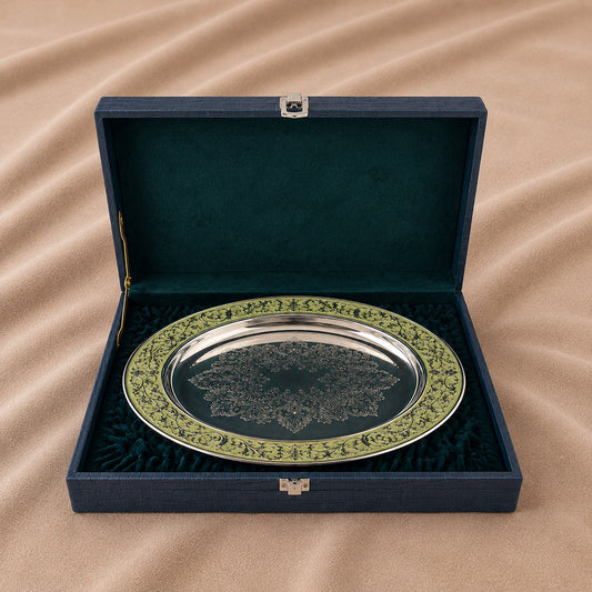 Diviniti Silver-Plated Oval Decorative Tray with Green Enamel Accents | Luxury Serving Platter for Dry Fruits, Sweets & Premium Gifting