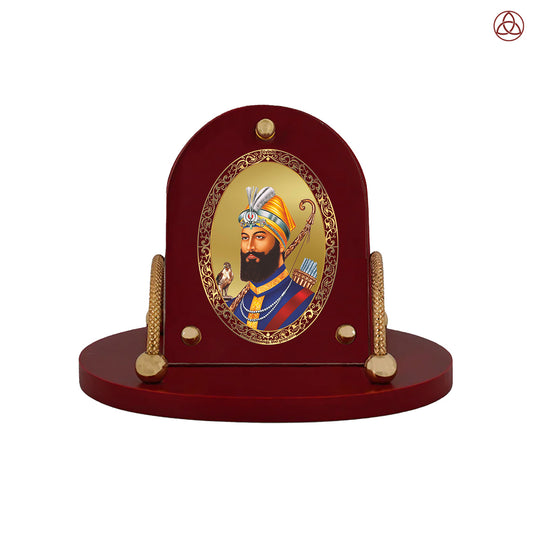 Guru Gobind Singh Ji | Divine Sikh Guru 24K Gold Plated Photo Frame for Car Dashboard, Home Décor & Tabletop | Blessings of Courage, Faith & Strength