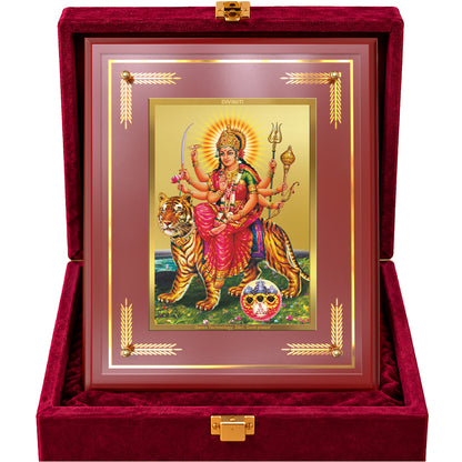 24K Gold-Plated Sherawali Mata with Pindi MDF Frame | Premium Gift Box | 27x35 CM