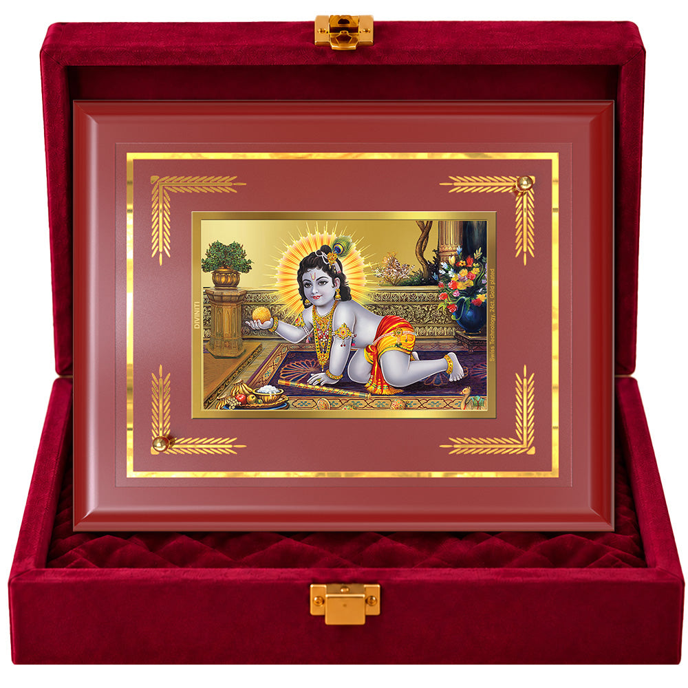 24K Gold-Plated Laddu Gopal MDF Frame | Premium Velvet Gift Box | 27x35 CM