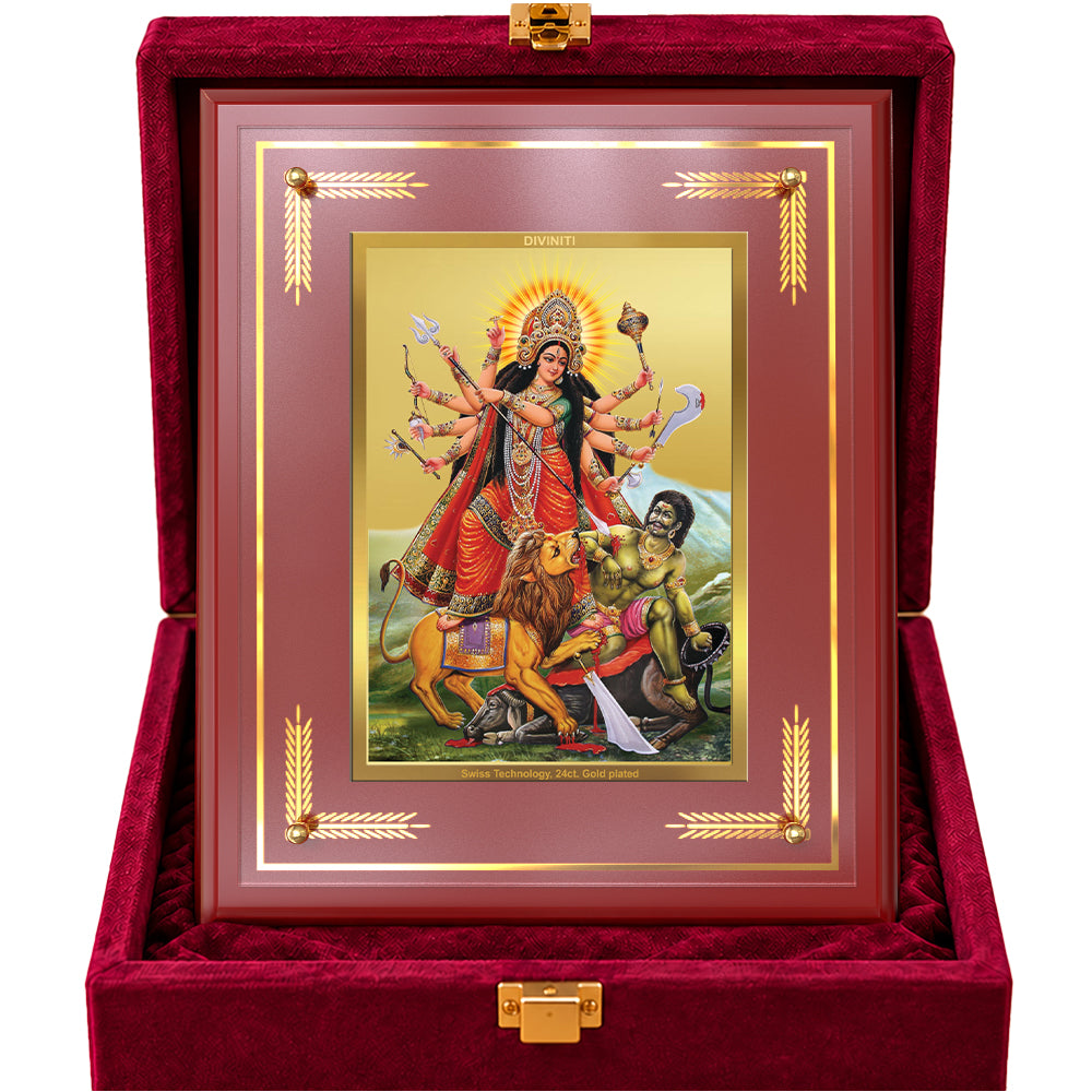 24K Gold-Plated Mahishasura Mardini MDF Frame | Premium Gift Box | 27x35 CM