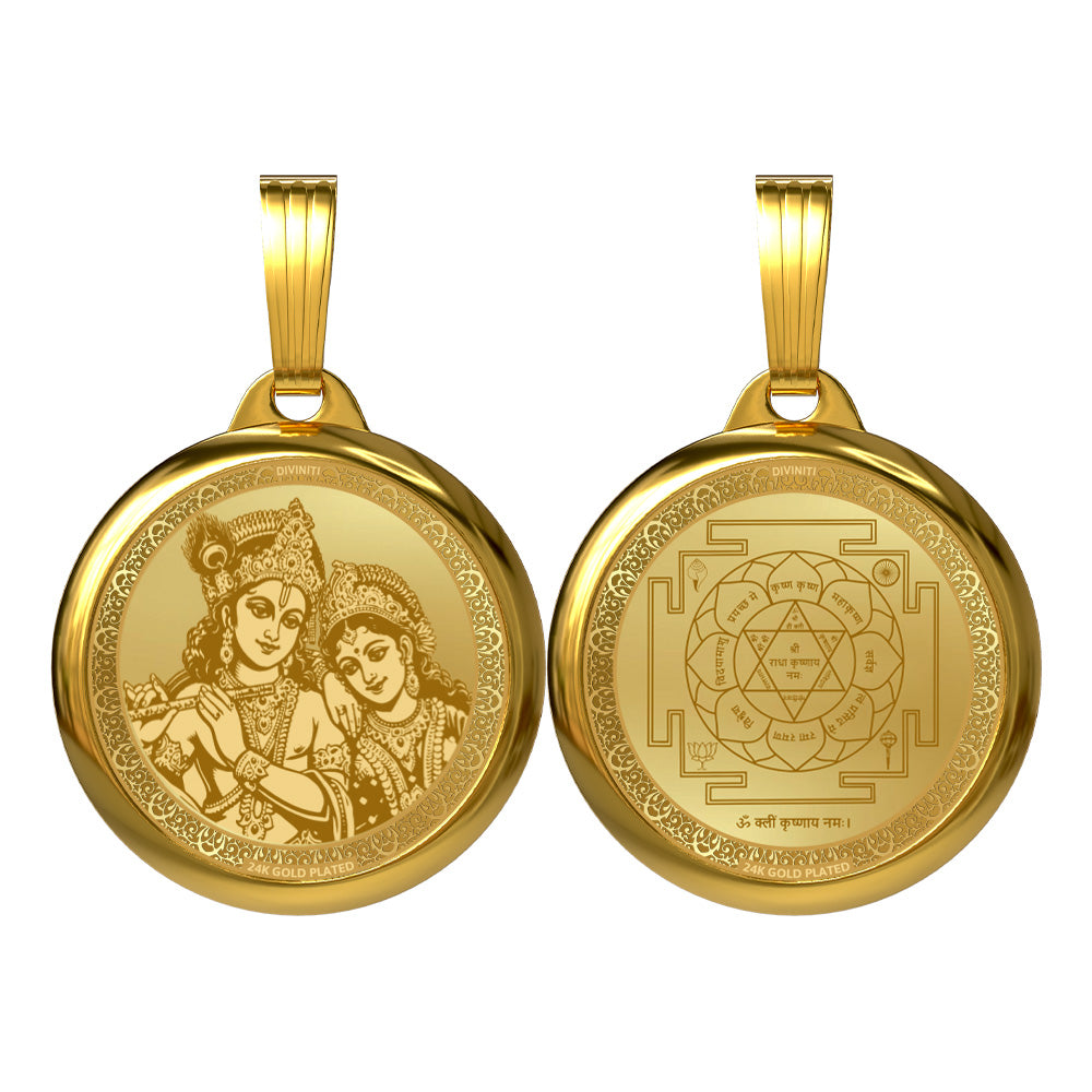DIVINITI 24K Gold Plated Radha Krishna & Sacred Yantra Pendant – 18mm Double-Sided Spiritual Pendant