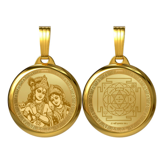 DIVINITI 24K Gold Plated Radha Krishna & Sacred Yantra Pendant – 18mm Double-Sided Spiritual Pendant
