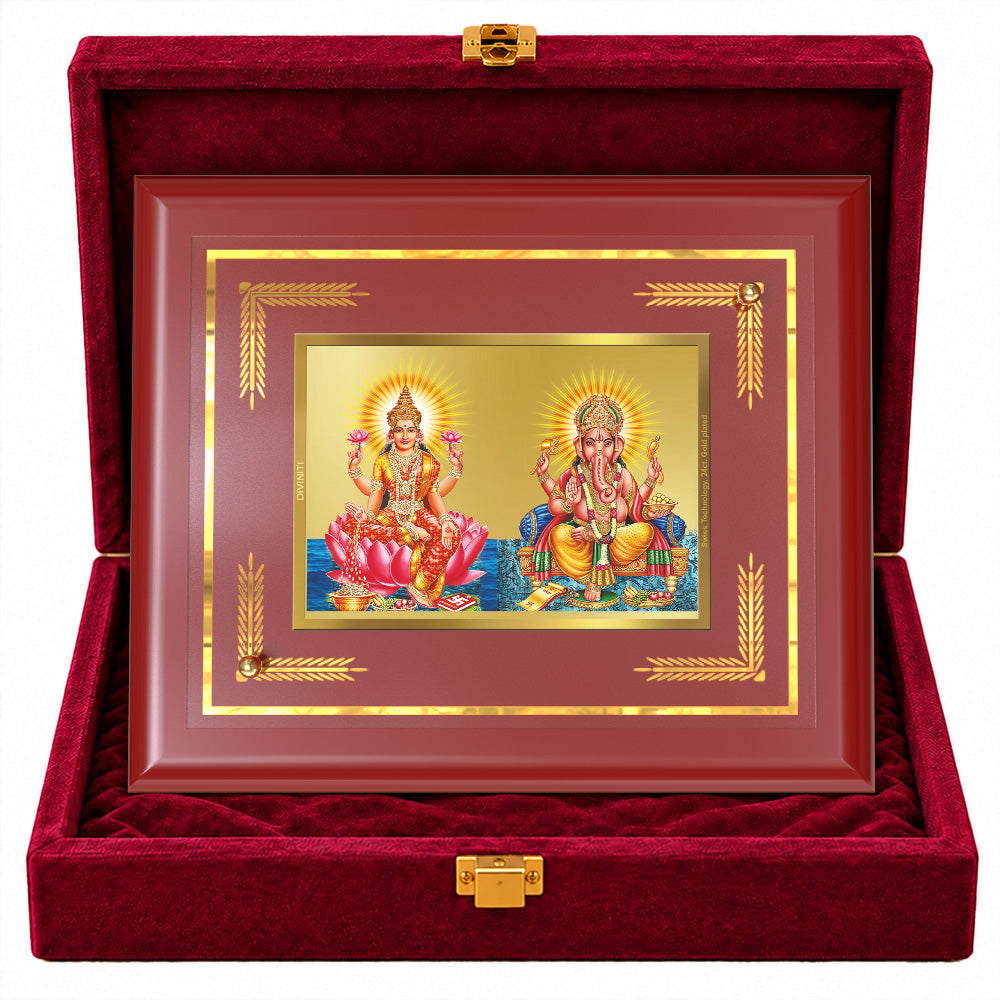 24K Gold-Plated Lakshmi Ganesha MDF Frame | Premium Gift Box | 16x13.5 CM