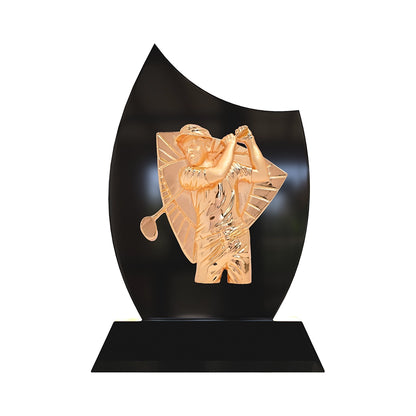 Personalized Premium Golf Achievement Trophy | Golden Swing Figurine Award with Black Flame Base