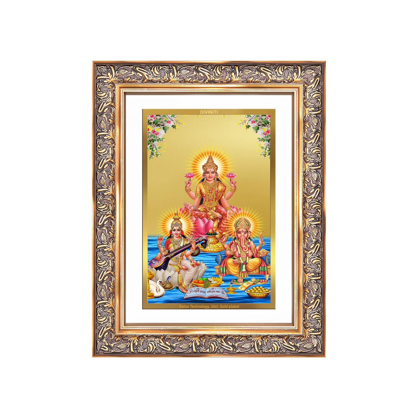Goddess Lakshmi, Saraswati & Lord Ganesha | Divine Trio Wall Mount Photo Frame in 24K Gold Plated Foil