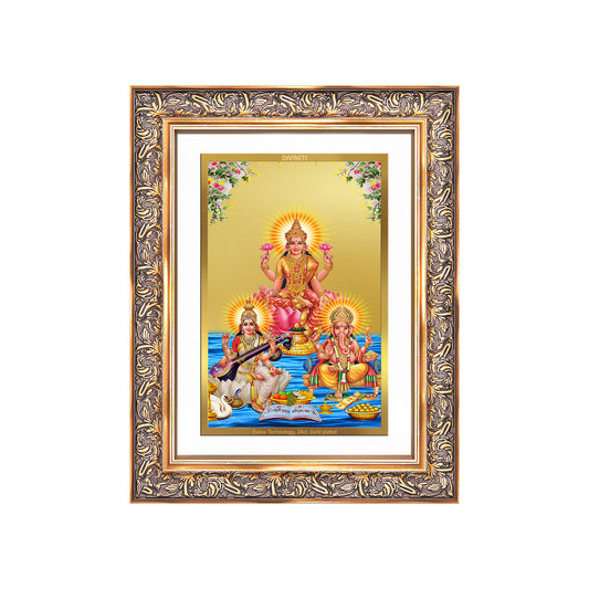 Goddess Lakshmi, Saraswati & Lord Ganesha | Divine Trio Wall Mount Photo Frame in 24K Gold Plated Foil
