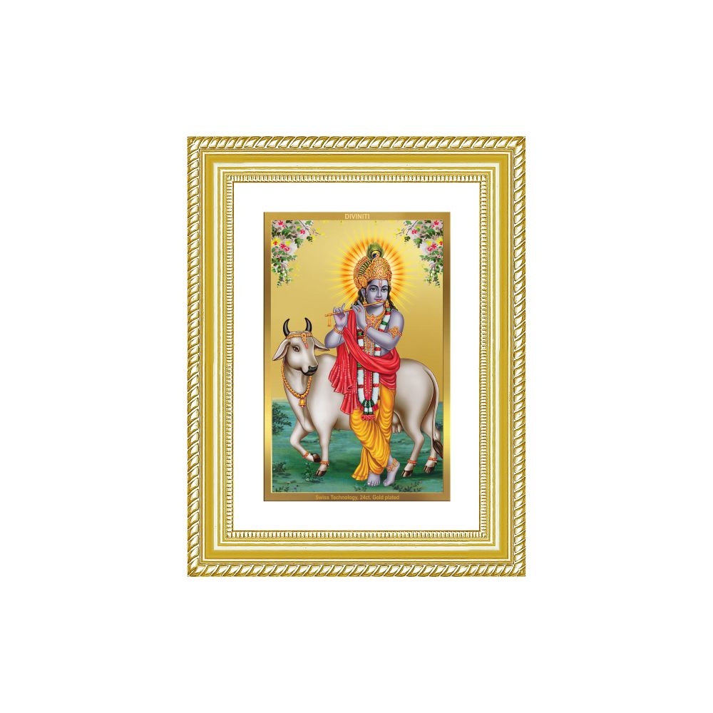 Diviniti 24K Gold Plated Krishna With Surbhi Cow (Classic) Divine Wall Frame for Home Mandir & Office Decor | Luxury Spiritual Gift