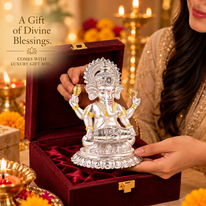 999 Silver-Plated Dual-Tone Dholak Ganesha Idol | Premium Gift Box | 15x12 CM