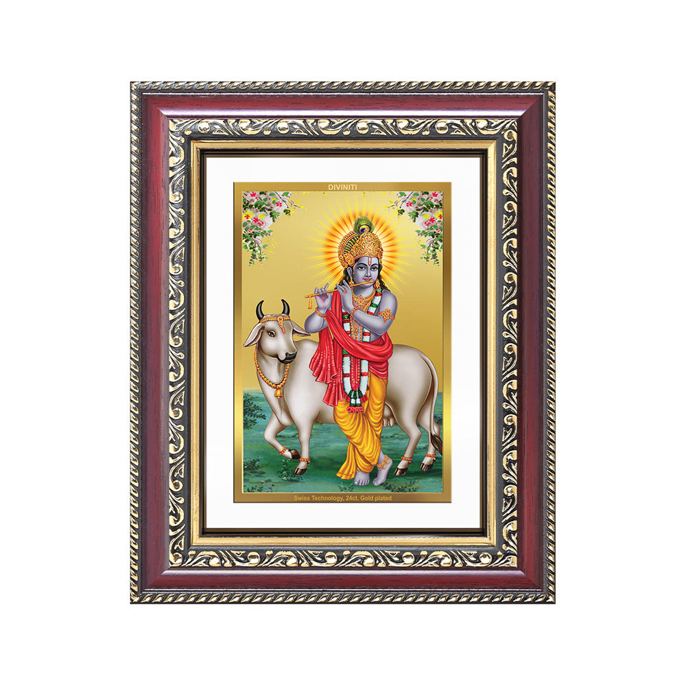 Diviniti 24K Gold Plated Krishna With Surbhi Cow (Classic) Divine Wall and Table Top Frame for Home Mandir & Office Decor | Luxury Spiritual Gift