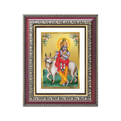 Diviniti 24K Gold Plated Krishna With Surbhi Cow (Classic) Divine Wall and Table Top Frame for Home Mandir & Office Decor | Luxury Spiritual Gift