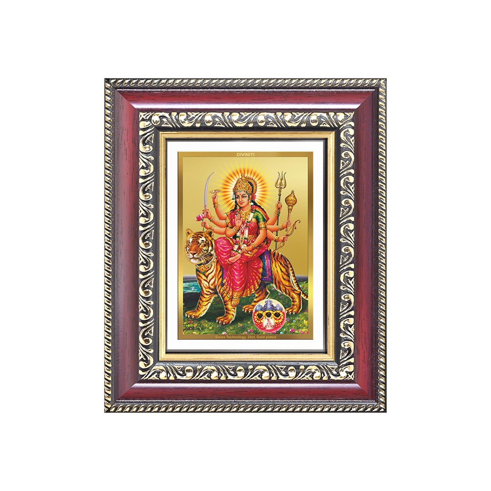 Diviniti 24K Gold Plated Durga - Sherawali Mata With Pind (Classic) Divine Table Top Frame for Home Mandir & Office Decor | Luxury Spiritual Gift