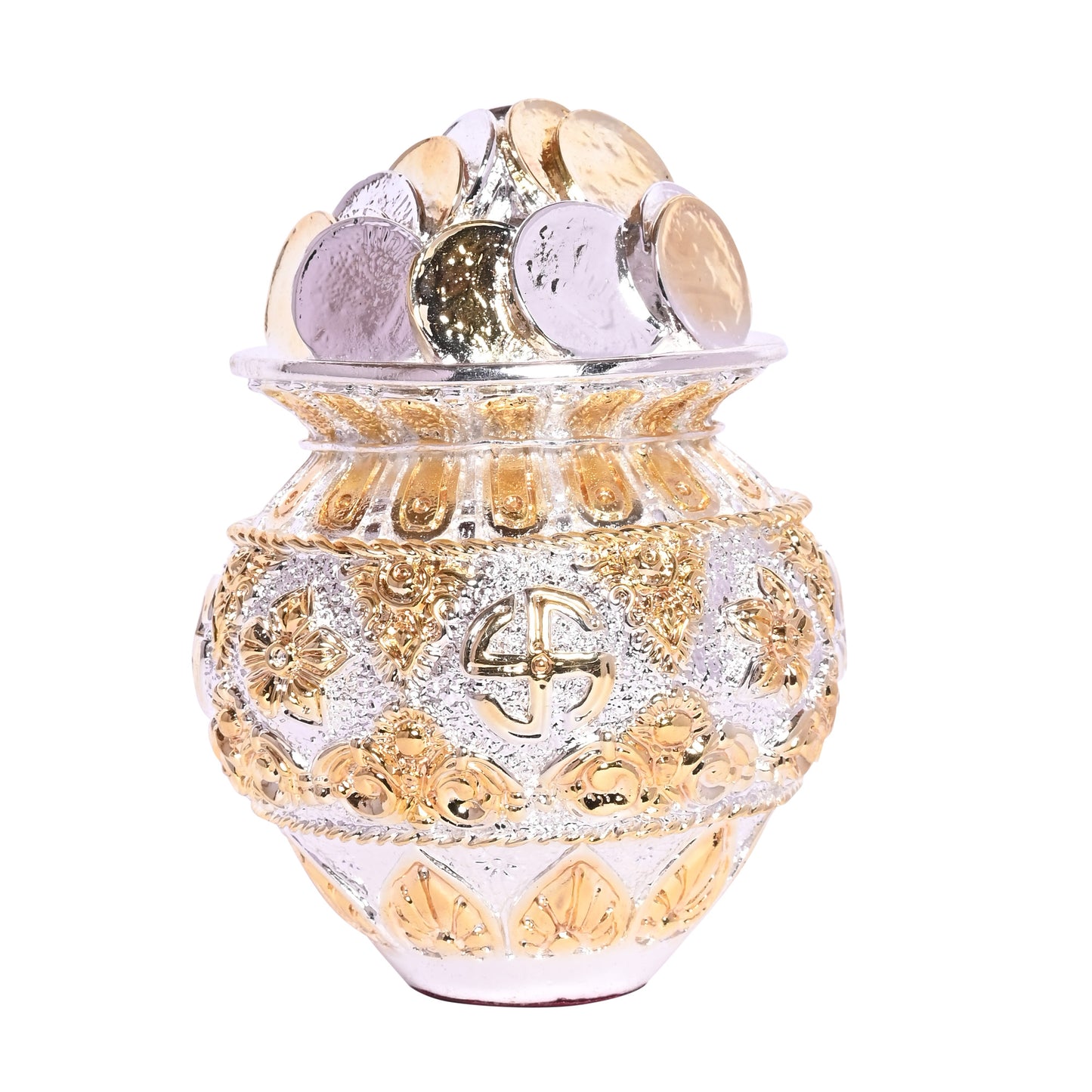 DIVINITI Auspicious Coin Kuber Kalash Pooja Lota with Swastik Embossed with Engraved Neck Design, for Pujan Worship Temple Home (11x9 CM)