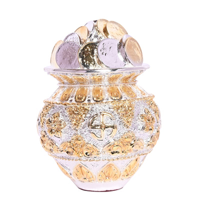 DIVINITI Auspicious Coin Kuber Kalash Pooja Lota with Swastik Embossed with Engraved Neck Design, for Pujan Worship Temple Home (11x9 CM)
