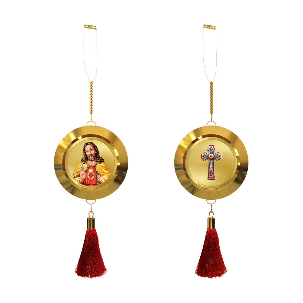 Diviniti 24K Gold Plated Double-Sided Jesus Christ & Holy Cross Car Dangler (5.5 cm) | Divine Hanging Car Decor for Protection, Positive Energy & Spiritual Blessings