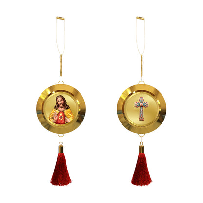 Diviniti 24K Gold Plated Double-Sided Jesus Christ & Holy Cross Car Dangler (5.5 cm) | Divine Hanging Car Decor for Protection, Positive Energy & Spiritual Blessings